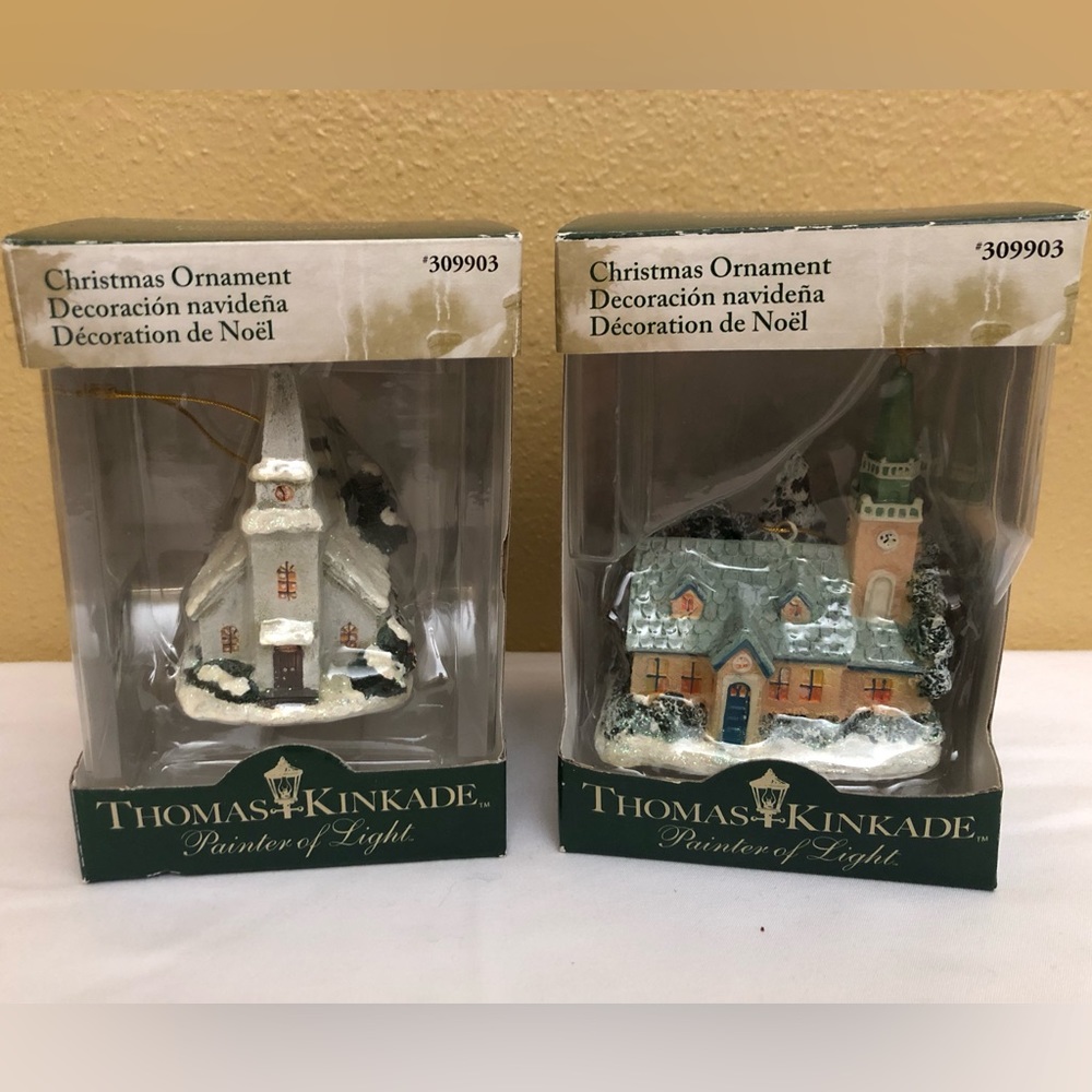THOMAS KINKADE 2pc Church Ornament Set in Box by Kurt Adler ~ NEW